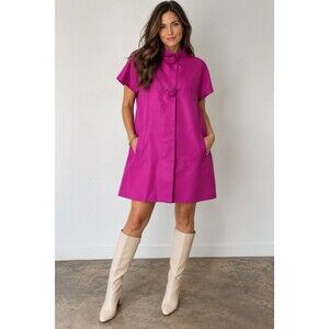 Y2K BGN 100% Silk Fuchsia Mandarin Collar Swing Coat Frog Closure Cap Sleeve Mod